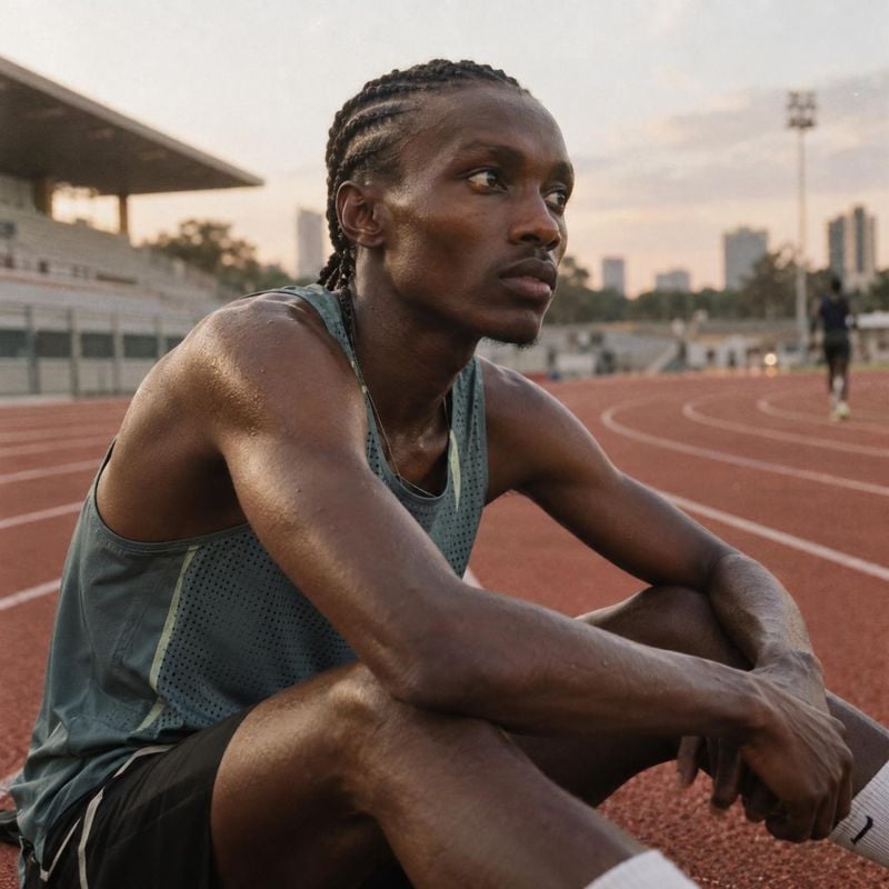 running singlet model try-on product photo: An athlete in a dark running singlet and shorts sits on a track, gazing into the distance as warm evening light and…