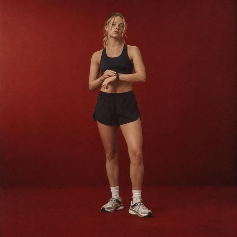 athletic outfit model try-on product photo: A woman in a black athletic top and shorts, white socks, and running shoes stands against a deep red studio backdro…