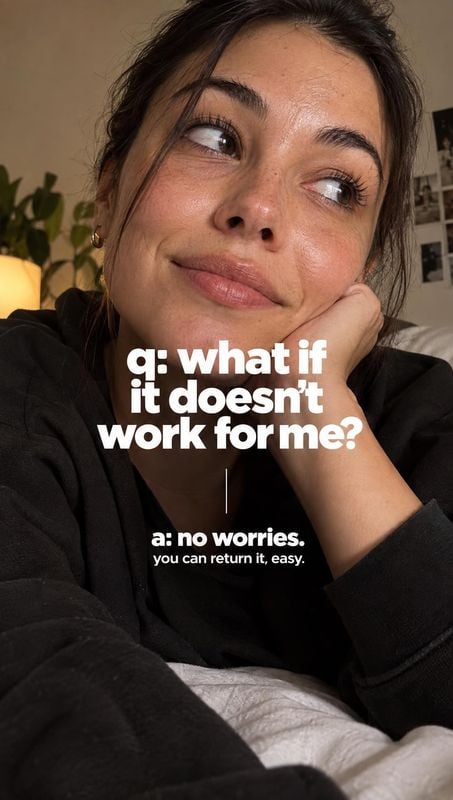 beauty close-up product photo: A close, casual selfie of a woman resting her cheek on her hand in a softly lit home, with bold white question-and-answer text a…