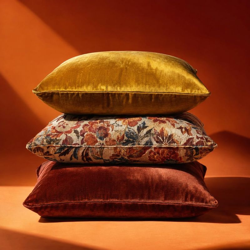 decorative cushions still life product photo: Three richly textured cushions are stacked against a warm orange studio backdrop, with dramatic directional light…