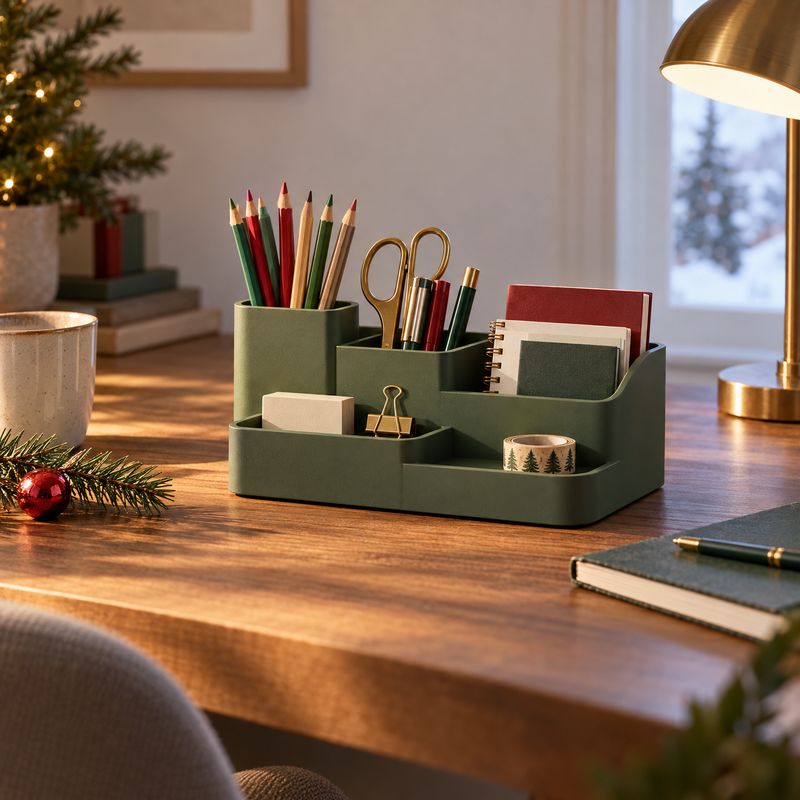 desk organizer christmas product photo: A dark green desk organizer filled with pencils, pens, notebooks and clips sits on a wooden desk beside a small decorat…