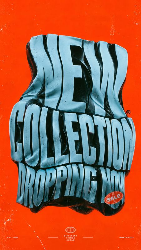 denim collection posters product photo: A bold fashion promotion places oversized, sculptural blue lettering reading “DENIM COLLECTION DROPPING NOW” against a…