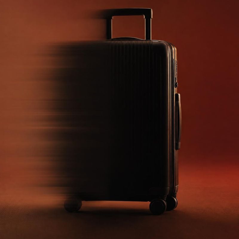 rolling suitcase packshot product photo: A black ridged rolling suitcase stands against a warm rust-colored studio backdrop, with dramatic side lighting and mo…