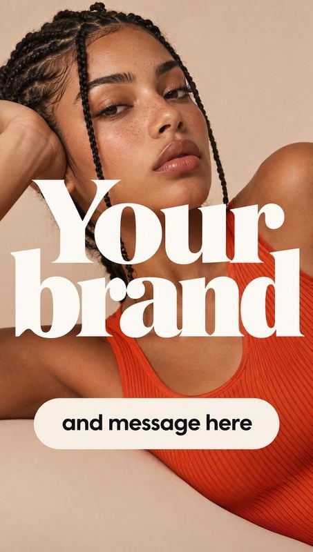orange ribbed tank top beauty close-up product photo: A close-up beauty portrait of a woman in an orange ribbed tank top against a warm beige studio backdrop,…