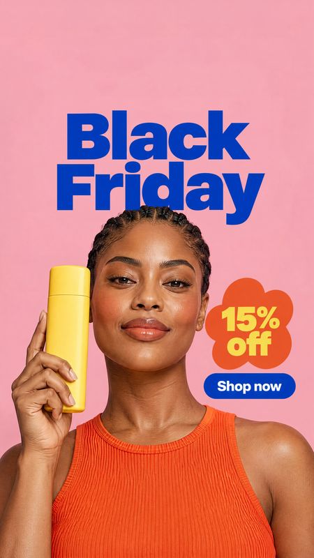 yellow cosmetic bottle beauty product photo: A woman in an orange ribbed top holds a bright yellow cosmetic bottle against a pink studio backdrop, with bold Bl…