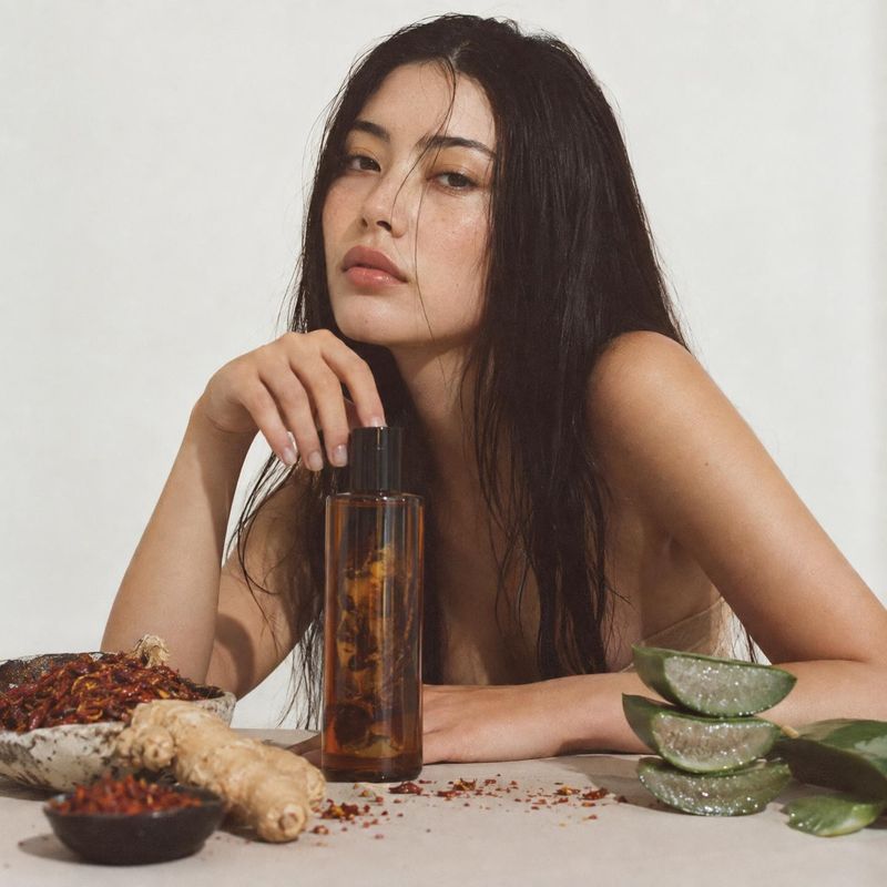 hair oil ingredients product photo: A woman with long, damp dark hair poses behind an amber bottle amid aloe, ginger and dried botanicals, lit softly against a…