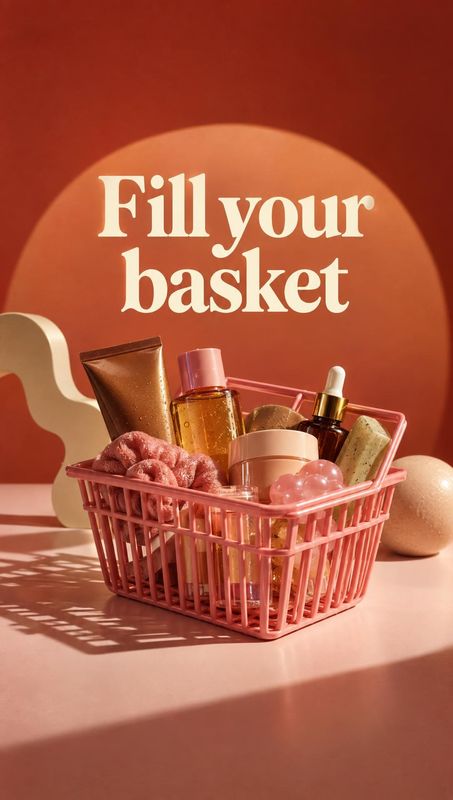 beauty and skincare products group lineup product photo: A pink basket filled with assorted beauty products sits on a peach-toned studio set beneath bold cream…
