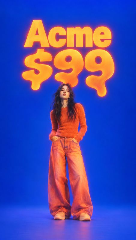 sweater and trousers look book product photo: A model in a vivid orange sweater and wide-leg trousers stands against a saturated blue studio backdrop beneath g…