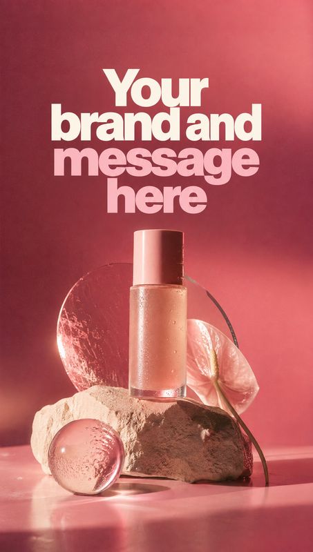 cosmetic serum bottle still life product photo: A translucent cosmetic bottle is staged among stone and glass accents against a rose-pink studio backdrop, with…