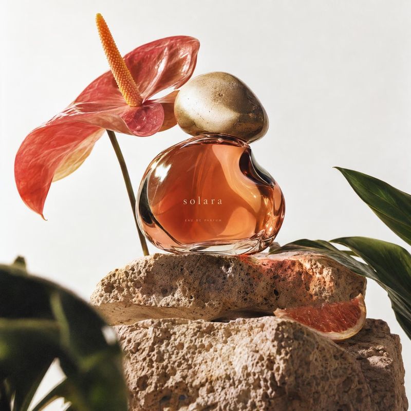 perfume still life product photo: An amber-toned perfume bottle rests on textured stone among tropical leaves, a red anthurium and citrus, lit by warm directio…