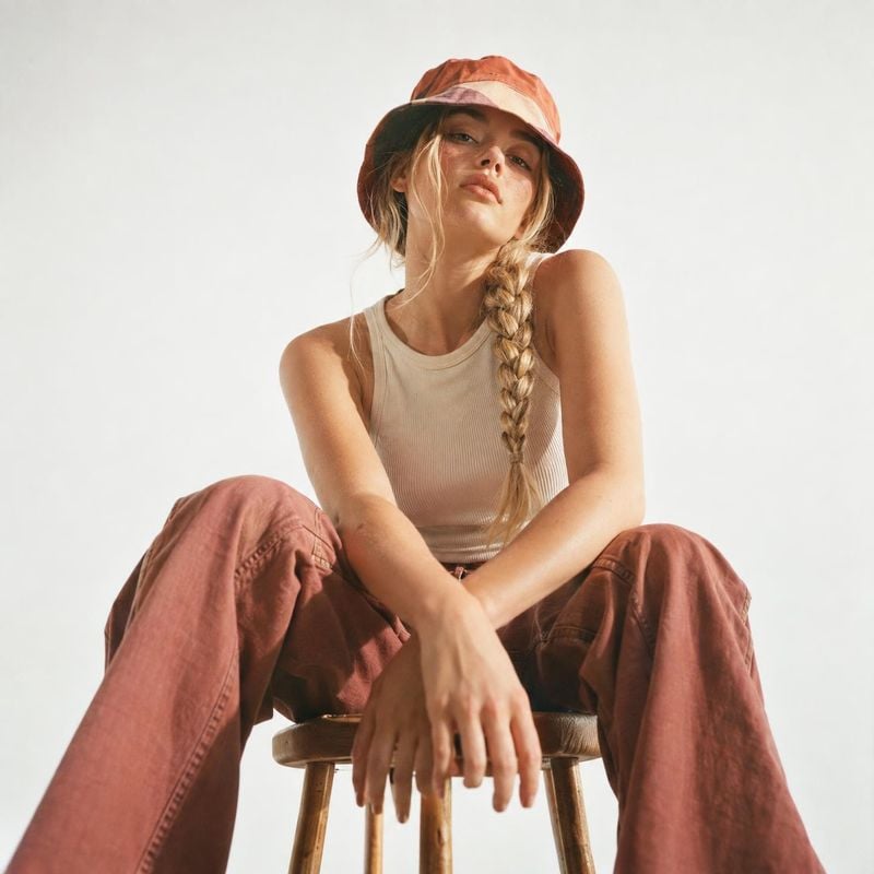 casual outfit look book product photo: A seated model wears a ribbed beige tank, relaxed rust-colored trousers and a warm-toned bucket hat against a bright stu…