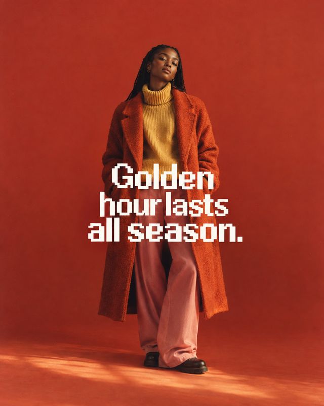 coat and outfit autumn product photo: A model stands against a warm red studio backdrop in a rust-colored coat, mustard turtleneck and pink trousers, with bold…