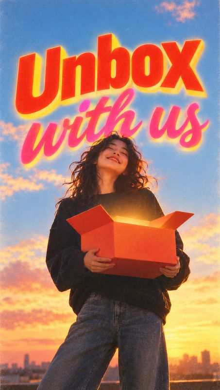 model try-on product photo: A woman in a dark sweater and jeans holds an open glowing box beneath bold red and pink lettering, set against a vivid sunset sky a…
