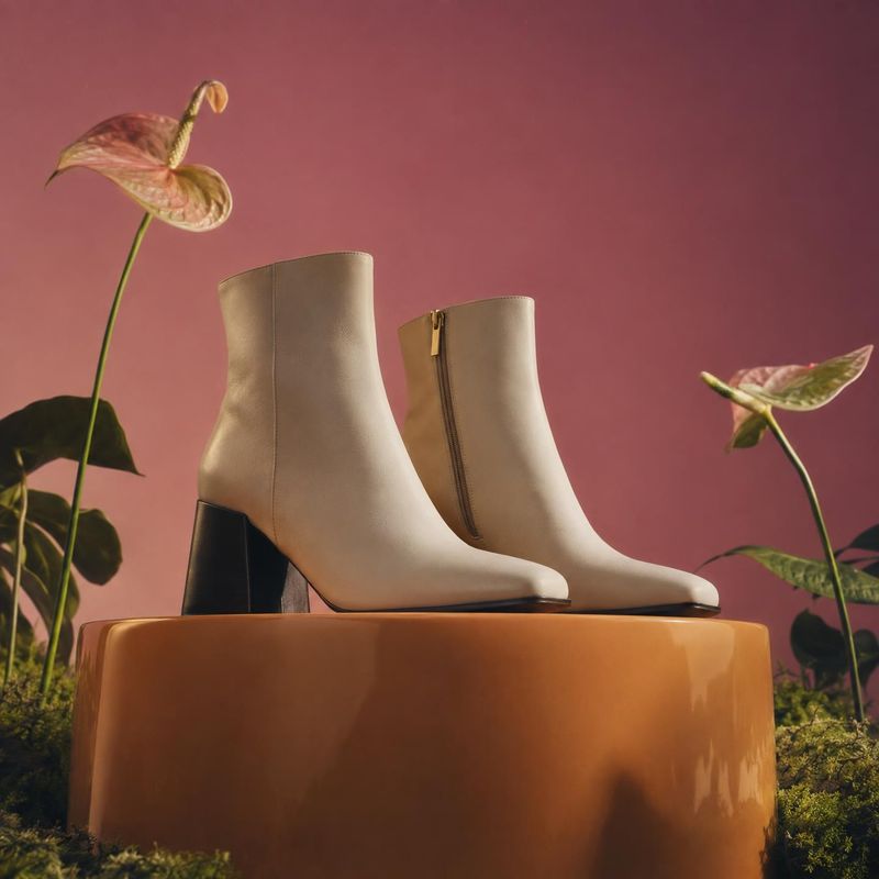 ankle boots still life product photo: A pair of beige heeled ankle boots is displayed on a glossy terracotta pedestal against a muted rose backdrop, framed by…