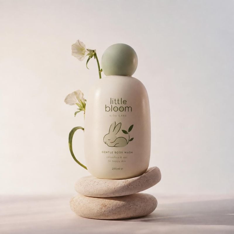 gentle body wash personal care product photo: A pastel body-wash bottle with a green cap and rabbit illustration is staged on smooth stones with delicate flowe…