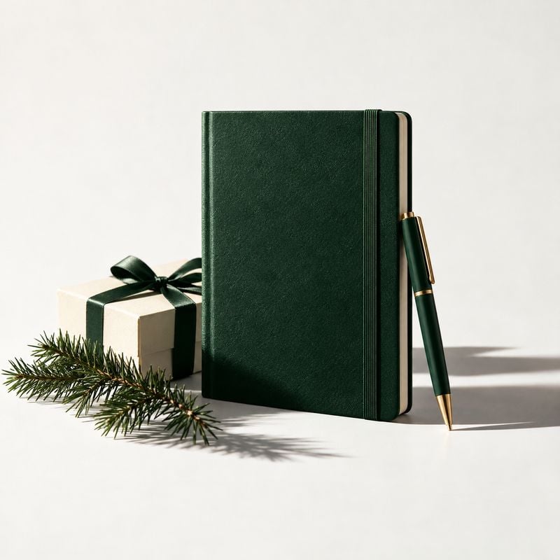 notebook and pen christmas product photo: A dark green notebook and matching pen stand beside a cream gift box tied with a green ribbon, with an evergreen spri…