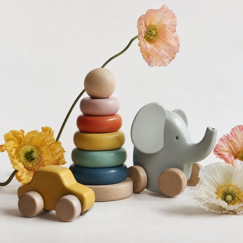 wooden toy set toys product photo: A colorful wooden stacking toy, elephant pull toy, and small car are arranged among delicate flowers against a pale studio b…