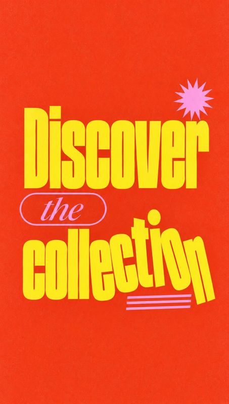 posters product photo: Bold yellow and pink lettering reading “Discover the collection” fills a vivid red-orange graphic, accented by a starburst and stripes f…