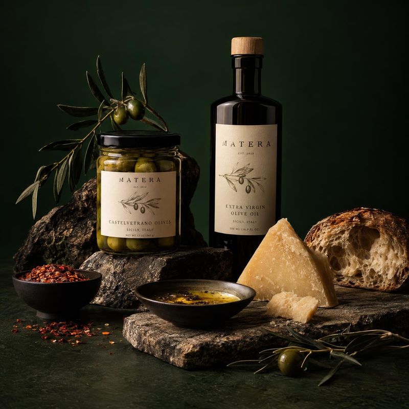 olive oil and olives ingredients product photo: A bottle of olive oil and a jar of olives are styled with bread, cheese, olives, and herbs against a dark green…