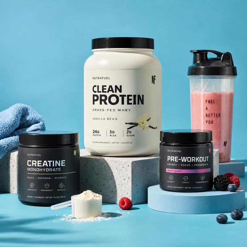 protein and workout supplements group lineup product photo: A coordinated lineup of protein, creatine, and pre-workout supplements with a shaker, scoop, and be…