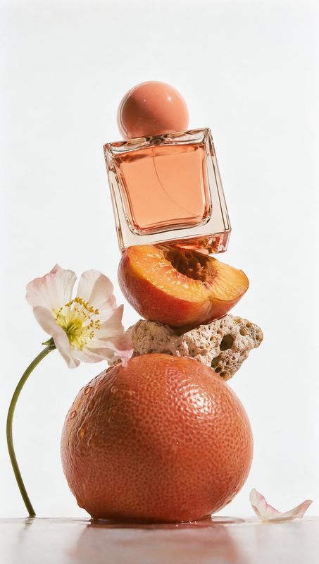 perfume beauty product photo: A peach-toned perfume bottle is balanced atop a halved peach, porous stone and grapefruit, with a delicate flower against a brigh…