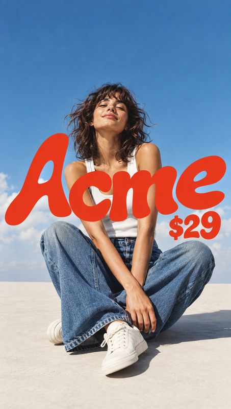 jeans and sneakers model try-on product photo: A woman in a white tank, relaxed blue jeans and white sneakers sits against an open blue sky, with oversized red…