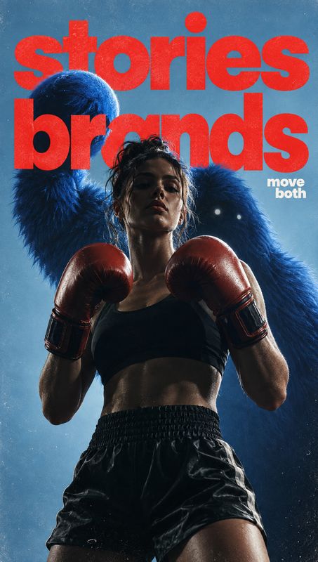 look book product photo: A female boxer poses in red gloves and dark athletic wear against a dramatic blue, smoky studio backdrop, with oversized red typograph…