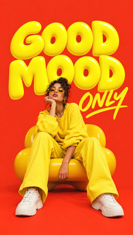 yellow outfit and sneakers look book product photo: A model in a bright yellow outfit and white sneakers poses on a yellow chair against a vivid red studio bac…
