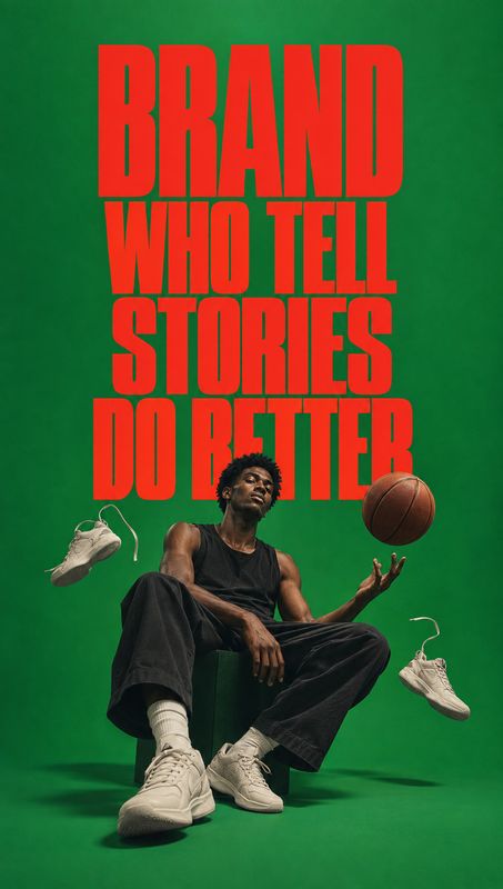 sneakers look book product photo: A seated male model in dark streetwear and light sneakers balances a basketball against a vivid green studio backdrop, with o…