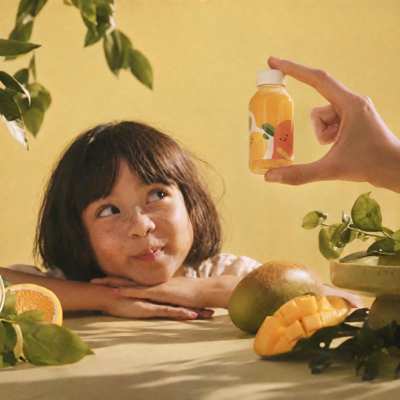 bottled fruit drink lifestyle scene product photo: A child looks up at a small bottle of fruit drink held above a table with citrus and mango, styled against a…