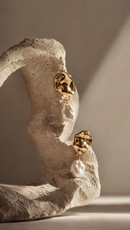 pearl drop earrings close-up detail product photo: Gold-tone sculptural earrings with dangling pearls are displayed on a rough stone form, lit by warm directio…