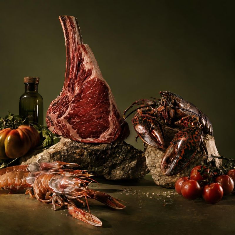 steak and seafood ingredients product photo: A dramatic still life arranges a bone-in steak, lobster, prawns, tomatoes, herbs and a dark bottle against a deep…