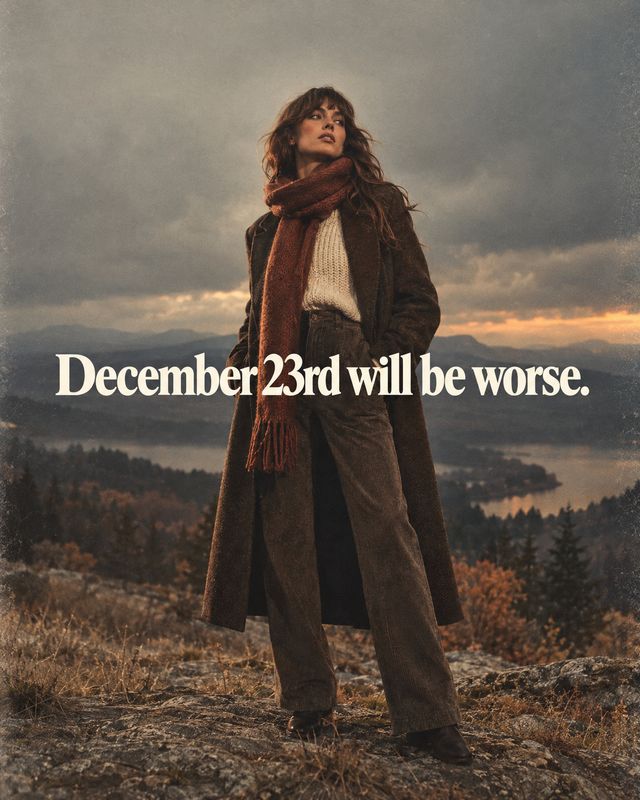 wool coat and scarf autumn product photo: A woman in a long dark coat, chunky knit sweater, scarf and wide-leg trousers stands against a rugged autumn landscap…
