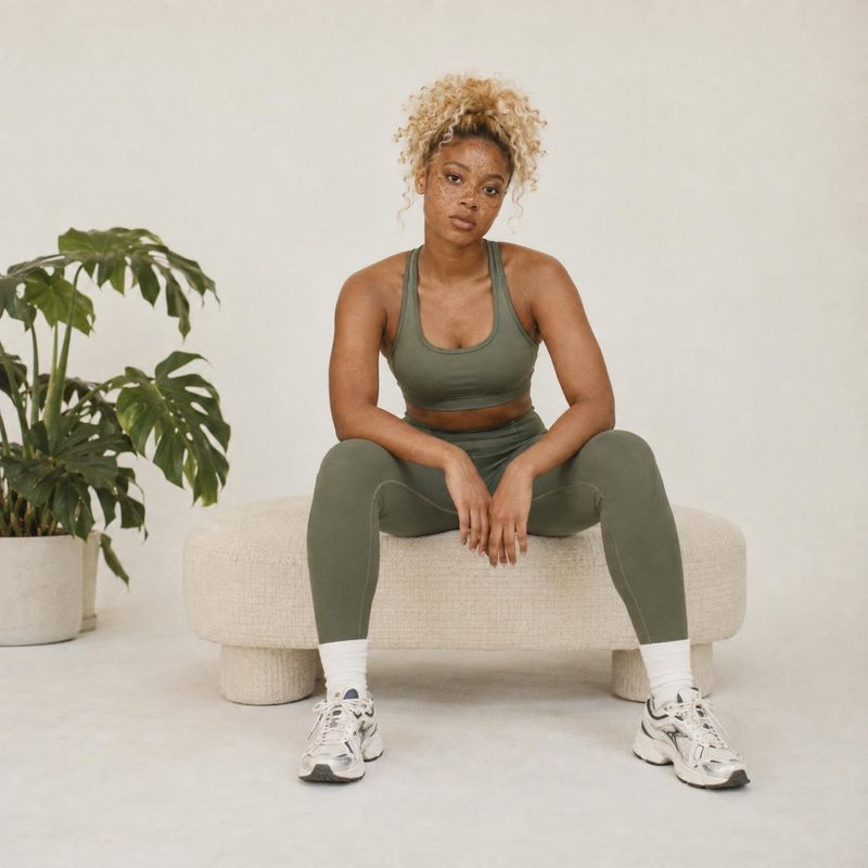 athletic wear look book product photo: A woman in muted olive athletic wear and white sneakers sits on a cream upholstered bench beside a leafy plant in a soft…