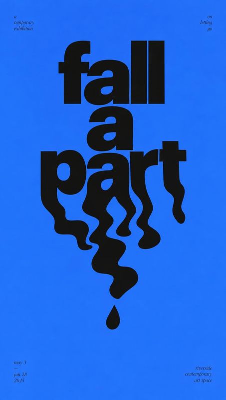 posters product photo: A vivid blue exhibition poster uses oversized black lettering that melts into a dripping shape, with small italic event details and date…