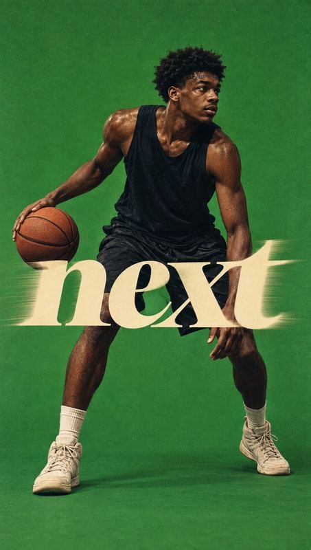 black basketball apparel look book product photo: A basketball player in black athletic apparel poses with a ball against a vivid green studio backdrop, with o…