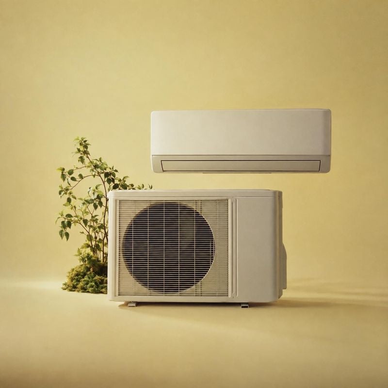 split-system air conditioner packshot product photo: A split-system air conditioner is staged with a small leafy plant against a warm pale-yellow studio backdr…
