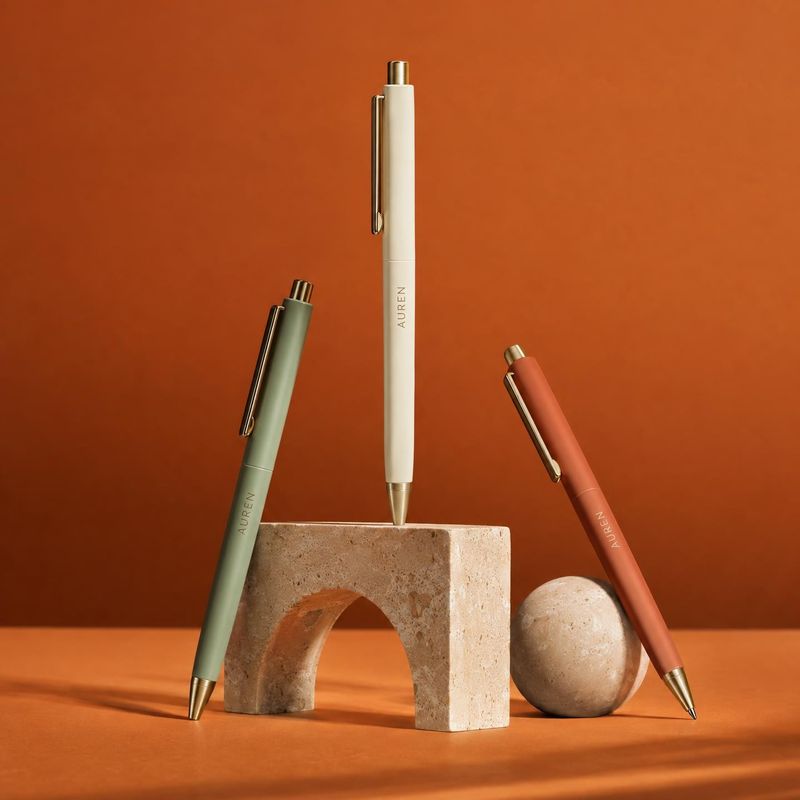 pens group lineup product photo: Three slim pens in cream, sage, and terracotta are arranged with sculptural stone props against a warm rust-orange studio back…