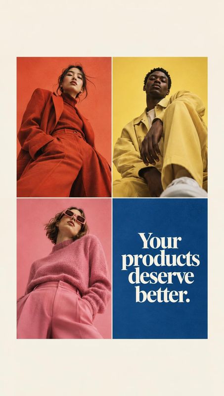 fashion outfits model try-on product photo: Three fashion models pose from low angles in vivid red, yellow, and pink studio panels alongside a blue panel with…