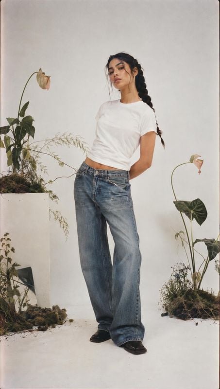jeans and white T-shirt look book product photo: A model in relaxed blue jeans and a white cropped T-shirt poses among leafy plants against a softly lit white…