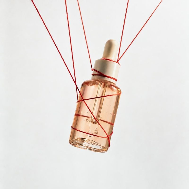 dropper serum bottle floating product product photo: A clear amber-tinted dropper bottle hangs suspended by fine red strings against a bright white studio back…
