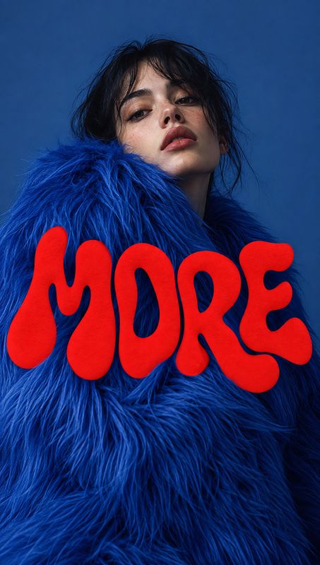 blue fur coat look book product photo: A model in a vivid blue fur coat poses against a matching blue studio backdrop, with bold red “MORE” lettering across th…