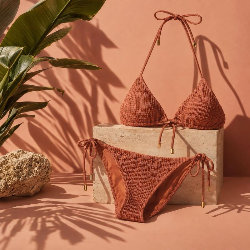 textured bikini fashion product photo: A rust-colored textured bikini is arranged on a stone block against a warm coral backdrop, with tropical leaves and cris…