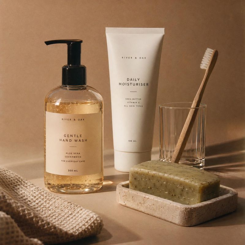 hand wash and daily moisturiser beauty product photo: A warm-toned still life pairs a hand-wash bottle and moisturiser tube with a bar of soap, a wooden toothb…