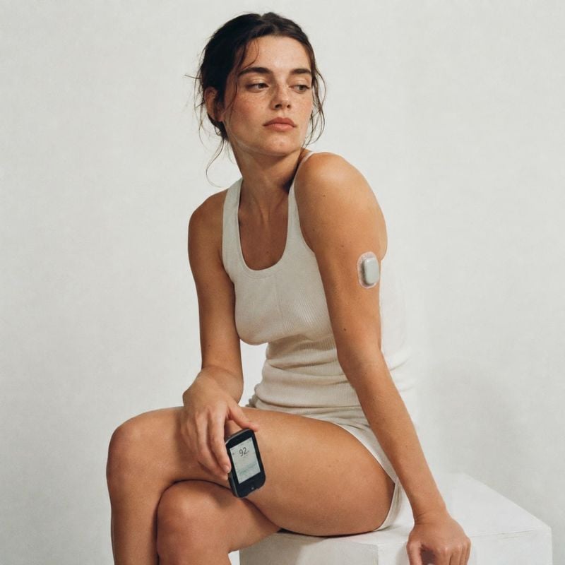 continuous glucose monitor model try-on product photo: A woman in a cream tank and shorts sits against a pale studio backdrop, wearing a glucose sensor and hol…