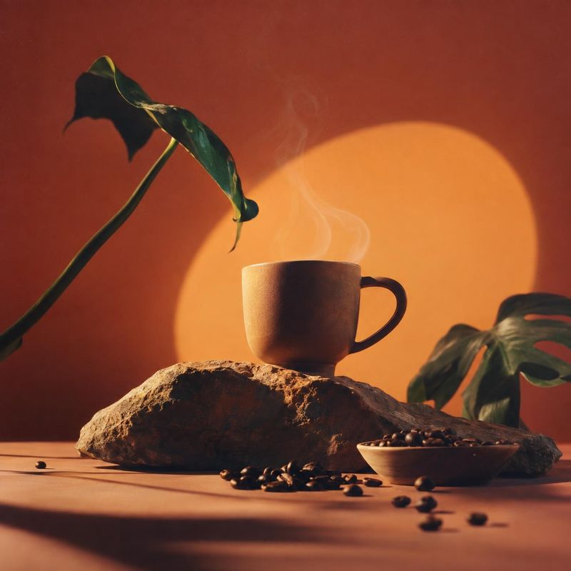 coffee food and drink product photo: A steaming ceramic mug and scattered coffee beans sit on a rugged stone among leafy plants, lit by dramatic warm amber lig…