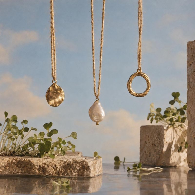 gold and pearl necklaces jewelry product photo: Three gold and pearl necklaces hang above weathered stone planters and shallow water, with soft greenery and wa…