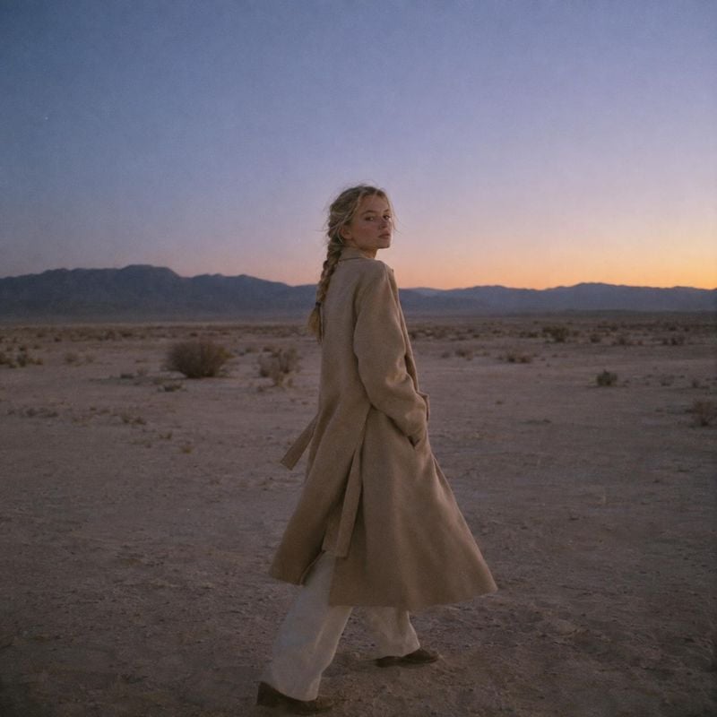 long beige coat look book product photo: A woman in a flowing beige coat walks across an open desert at dusk, with muted earth tones and a soft pastel sky crea…