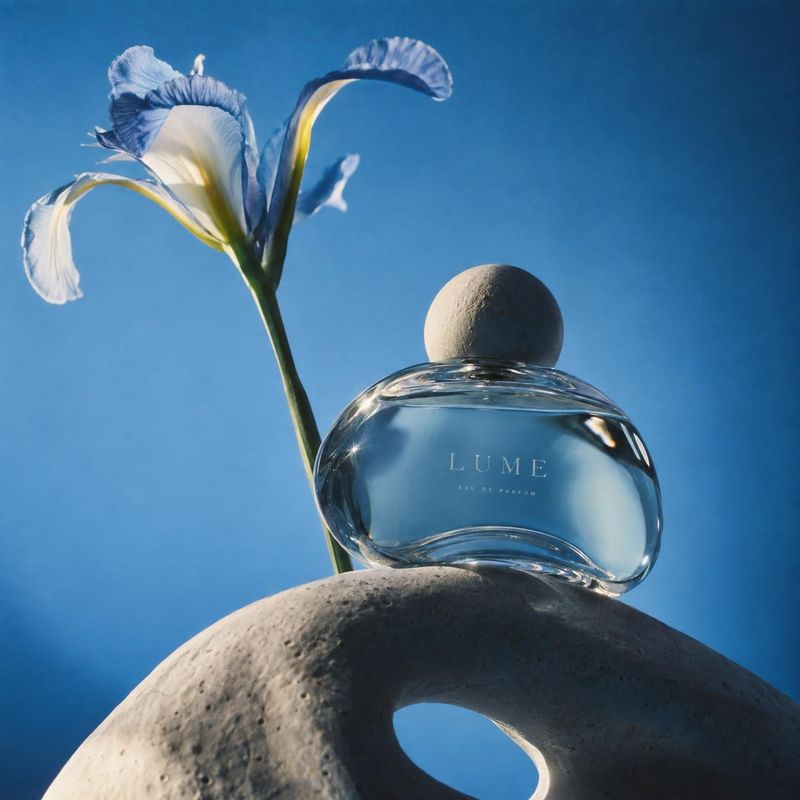 perfume beauty product photo: A clear glass perfume bottle rests on a sculptural stone form beside a pale blue iris, set against a vivid blue background with c…