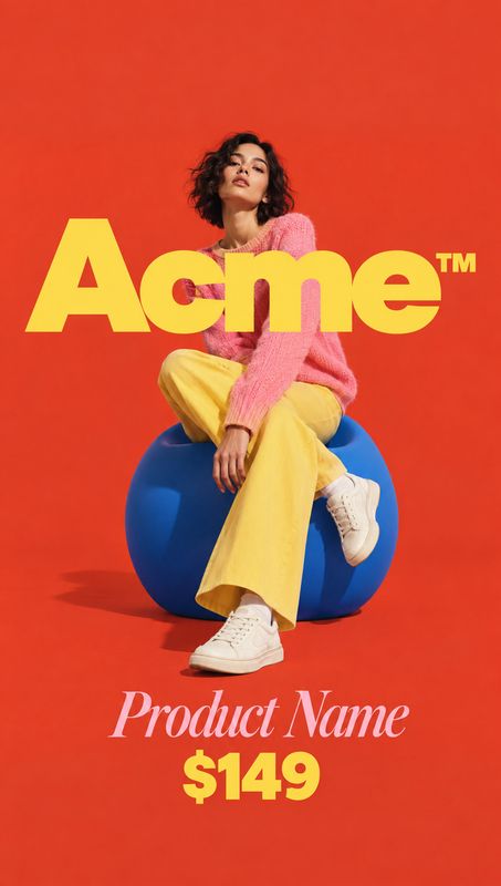 sneakers model try-on product photo: A model in a pink sweater, yellow trousers, and white sneakers poses on a blue sphere against a vivid red studio backdrop,…
